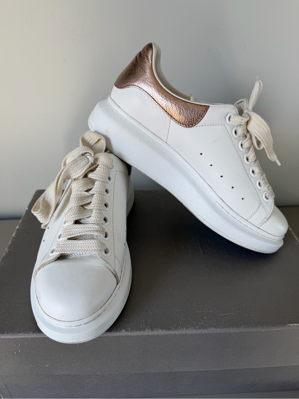 Alexander McQueen White Leather Sneakers with Metallic Rose Heel